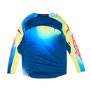 The Troy Lee Designs YOUTH GP PRO JERSEY DRIP GLO YELLOW/DARK NAVY is a long-sleeve motocross jersey with a blue, yellow, and white gradient, "TLD" chest logo, bold red/white sleeve graphics, and moisture-wicking fabric for comfort.