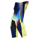 The Troy Lee Designs YOUTH GP PRO PANT DRIP in Glo Yellow/Dark Navy features blue, yellow, and black panels, red logo, geometric patterns, and reinforced durable sections, shown laid flat on a white background.