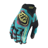 The Troy Lee Designs AIR GLOVE MEMBRANE BLACK / GLO YELLOW features a blue, black, and pink design with yellow branding and "Troy Lee Designs" on the index finger, ergonomic fit, displayed against a white background.