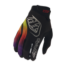 The Troy Lee Designs AIR GLOVE STRIPES BLACK / MULTI is a black cycling glove with a grid pattern, white logo and text, red, orange, and purple gradient stripes on the fingers, ergonomic fit, and touchscreen-compatible fingertips.