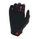The Troy Lee Designs AIR GLOVE STRIPES BLACK / MULTI is a black cycling glove with a grid pattern, white logo and text, red, orange, and purple gradient stripes on the fingers, ergonomic fit, and touchscreen-compatible fingertips.
