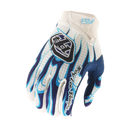 The Troy Lee Designs AIR GLOVE TORCHED WHITE / BLUE features black and turquoise accents, a geometric logo, padded flexibility, ergonomic fit, grid pattern, and touchscreen-compatible fingertips—perfect cycling gloves.