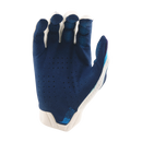 The Troy Lee Designs AIR GLOVE TORCHED WHITE / BLUE features black and turquoise accents, a geometric logo, padded flexibility, ergonomic fit, grid pattern, and touchscreen-compatible fingertips—perfect cycling gloves.