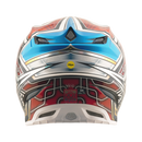 The Troy Lee Designs SE5 ECE CARBON HELMET LOWRIDER SILVER features a colorful, advanced geometric design with bold lines in blue, red, yellow, and white, "Troy Lee Designs" on the visor, intricate side detailing, and a lightweight carbon shell.