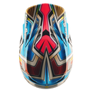 The Troy Lee Designs SE5 ECE CARBON HELMET LOWRIDER SILVER features a colorful, advanced geometric design with bold lines in blue, red, yellow, and white, "Troy Lee Designs" on the visor, intricate side detailing, and a lightweight carbon shell.