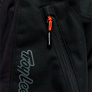 The Troy Lee Designs SCOUT GP PRO PANT MONO BLACK features zipper pockets, reinforced knees, and logo details on the thigh and hip—a durable choice for trail riding, shown here in black against a white background.