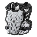 The Troy Lee Designs ROCKFIGHT CHEST PROTECTOR WHITE features a white and black design, perforated panels, adjustable shoulder straps, side buckles, and meets CE EN14021 for reliable impact protection in sports or motocross.