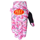 The FIST TOOTH HURTY GLOVE is a pink MTB glove with a colorful cartoon bacon pattern, "FIST" on the fingers, and a yellow-red "FIST HANDWEAR" logo on the back—perfect for motocross riders who love bold style.