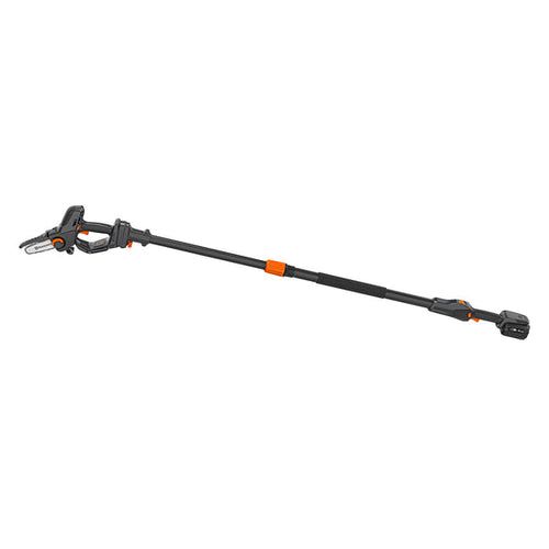 The Husqvarna Aspire™ P5 Pruner + Pole (Skin) showcases a powerful, extendable handle perfect for forestry tasks. It features a small chainsaw at one end for efficient pruning or cutting branches. The tool is mainly black with striking orange details and appears to be battery-powered.