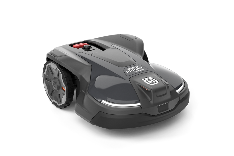 The Husqvarna Automower® 430X NERA is a sleek, dark gray robotic lawn mower with large wheels and a compact build, labeled "Automower" on top, and features smart control via the Automower Connect app.