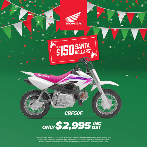 A Honda CRF50F Pink/White kids bike with a white frame, a pink seat, and purple graphics on the side. This model features thick, knobby tires suitable for off-road riding, handlebars equipped with hand guards, and a small, compact size perfect for young riders.