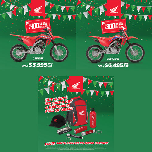 Promotional image for the Honda CRF125F & FB with a $500 discount, featuring a motocross rider performing a trick and the text "Get the next champ started. Score a Jett Pack." Includes an offer for a free Jett Lawrence 2024 sticker kit worth $175 with purchase. Ride like an AMA SX Championship star!