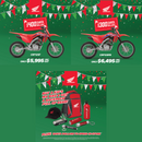 Promotional image for the Honda CRF125F & FB with a $500 discount, featuring a motocross rider performing a trick and the text "Get the next champ started. Score a Jett Pack." Includes an offer for a free Jett Lawrence 2024 sticker kit worth $175 with purchase. Ride like an AMA SX Championship star!