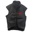 The Honda Oilskin Vest Styx Mill by City Honda Manawatu is a black sleeveless zip-up vest with a protective collar and red "CITY HONDA" and wing logos on the chest, shown on a hanger against a white background.