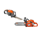 The Husqvarna Toy Hedge Trimmer & Chainsaw Bundle by Husqvarna Toys includes a realistic-sounding orange and gray hedge trimmer with dual-action blades positioned towards the upper left and a gasoline chainsaw with an orange body and silver guide bar located at the lower right. Both tools are designed for cutting and trimming, offering engaging play experiences.