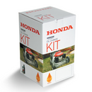 A white Honda Power Equipment-branded box with "Honda Lawn Mower Service Kit 1" written on it. The box features images of a red and black lawnmower for well-maintained lawns and orange icons representing Honda Genuine HGO oil. The packaging, reminiscent of Honda's attention to detail seen in their bikes, is designed to stand upright.