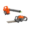 The Husqvarna Toy Hedge Trimmer & Leaf Blower Bundle by Husqvarna Toys is depicted with the orange and black leaf blower toy, featuring green leaves coming out of the nozzle, positioned above the orange and black hedge trimmer toy. Both battery-operated tools are set against a white background, with batteries included.