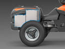 Side view of a Husqvarna ride-on lawn mower featuring the Battery attachment kit above the rear wheel, with partially transparent outer casing revealing internal machinery.