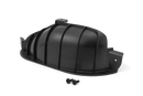 The Husqvarna Mulch Cover, made of black plastic with a ribbed curved surface and two mounting tabs, is shown on a black background with two small screws—perfect for 95cm side discharge decks.