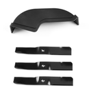 A Husqvarna Mulch Kit Fits MZ54 & Z254F Zero-Turn and YTH24V54 Tractor is shown above three metal mower blades with star-shaped mounting holes, all displayed on a white background.