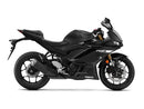 Ventura Yamaha YZF-R3/MT-03 Bike-Pack Kit showing a black EVO-12 pack, evo-rack mounted on bike, and L-bracket with screws and small parts, all labeled.