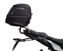Ventura EVO-12 Bike-Pack Kit for Yamaha Tracer 900 GT (19-21) includes a black EVO-12 pack, an EVO-RACK Top-Box Rack, and an L-Bracket with screws/bolts, each item labeled with a red tag.
