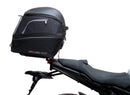 Ventura Yamaha MT-10, MT-10 SP (22 - >) Bike-Pack Kit includes EVO-12 pack, Evo-Rack mounted on the motorcycle, L-bracket with screws, and labeled Adjustable Pack-Rack. Each part is clearly identified in the generic image.