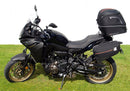 The Ventura EVO-12 Bike-Pack Kit for Yamaha Tracer 7 (23>) includes a black tail bag, EVO-RACK metal Sport-Rack, L-brackets with screws, all shown on a white background with product labels.