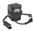 The Husqvarna Battery Adapter for Hedge Trimmer, a black rectangular device with cables and connectors, is displayed on a black background.