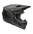 The O'Neal 2026 3SRS SOLID Helmet in black/grey by ONEAL offers full-face coverage, a visor, chin guard, and vent openings. Its angular ABS shell design features the ONEAL logo on the side and visor.