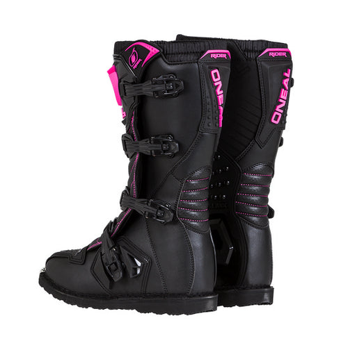 Introducing the O'Neal RIDER Boot - Black/Pink by Oneal, these motorcycle boots boast sturdy straps and prominently display the Oneal logo. They feature a durable Goodyear welt sole, reinforced toes, ankle protection, and injection-moulded plastic plates, making them an ideal choice for off-road riding.