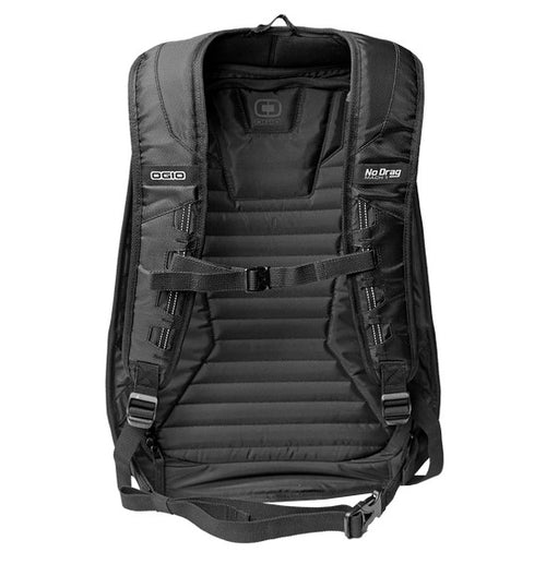 A black Ogio MACH 1 Motorcycle Backpack - Stealth with its front section unzipped and laid open, revealing multiple compartments and pockets inside, designed to securely carry laptops and other items. The "No Prgs" logo is visible on the interior. Featuring No Drag Technology, the padded straps provide comfort and enhance aerodynamic efficiency.