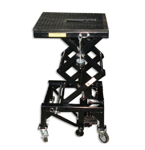 The X-Tech MX Scissor Lift Stand with Wheels features a grooved rectangular platform on top, an adjustable height mechanism, and four lockable wheels for enhanced mobility. The structure is equipped with handles, safety pins for secure operation, and a hydraulic lift pump for effortless adjustment.