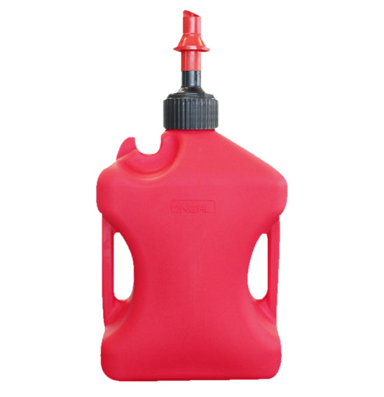 The O'Neal Fast Fuel Jug - 20L by ONEAL is a blue plastic hydration canteen featuring a black screw cap and a red pop-up nozzle. It includes handles on both sides for easy handling, with the brand name raised on the front for added grip to prevent spills. Additionally, it is designed to be compatible with KTM & Husky, offering enhanced versatility.