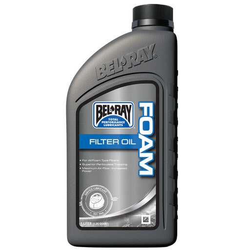 A gray BELRAY plastic bottle of their Foam Filter Oil, optimized for foam type filters, boosts airflow and engine protection. The label emphasizes its role in extending filter life. This bottle is available in a 1 liter (33.8 fl oz) size.