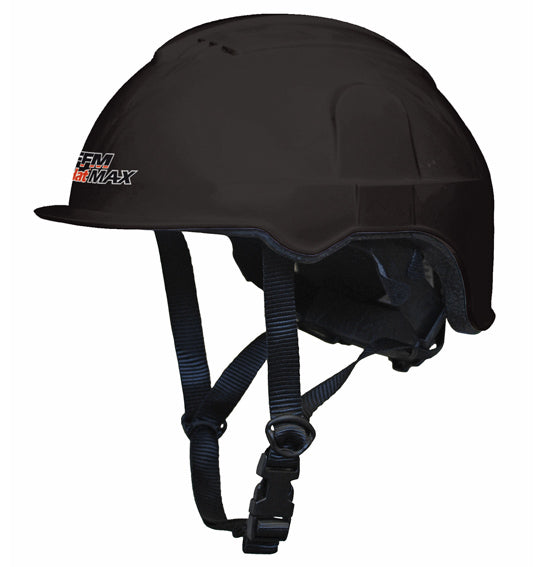 Two mannequin heads show FFM AGHAT MAX - ATV Helmet accessories: one with a wide overhat and neck curtain, the other with a sun brim, neck curtain combo, and Construction Helmet. Accessories sold separately.