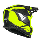 The UFO Echus Helmet in neon yellow and black features angular geometric designs, an alien logo near the back, and "UFO" branding. ECE 22.06 certified, it ensures top-notch safety for off-road adventures with its visor-equipped design.