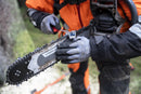 The Husqvarna Gloves - Technical Grip from Husqvarna are displayed against a black background. The gloves feature grey fabric on the top side adorned with a white emblem, while the palm side is made of black fabric. Orange trim accents are visible around the wrist cuffs. The left glove, ideal for gardening and providing excellent tactile sensitivity, is shown palm up, while the right glove is shown palm down.