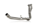 The Header XL750 Transalp 23-24 by Crown Kiwi Enterprises Limited features a sleek, metallic motorcycle exhaust with two tubes merging into one. Its racing sound evokes speed and adventure against a plain white background.