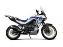 The Header XL750 Transalp 23-24 by Crown Kiwi Enterprises Limited features a sleek, metallic motorcycle exhaust with two tubes merging into one. Its racing sound evokes speed and adventure against a plain white background.