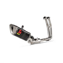The AKRAPOVIC Full System Gsx 8 S/8 R 2025 features a carbon-fibre muffler, stainless steel pipes, and a red/yellow logo, designed to boost power and torque. Shown on a white background.