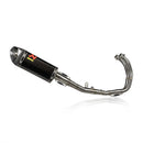 AKRAPOVIC Full System Mt03/R3 2025 exhaust features a sleek carbon fibre muffler, metallic pipework, and durable brackets for racing performance, shown on a white background.