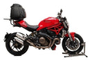 Ventura EVO-12 Bike-Pack Kit for Ducati 1200 Monster (14-15), includes a black EVO-12 pack, EVO-Rack as Top-Box Rack for motorcycle, and labeled L-Bracket with hardware, all shown on a white background.