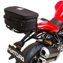 The Ventura EVO-12 Bike-Pack Kit for the Ducati 1200R Monster (2016) features a black triangular pack, an Evo-Rack platform for secure transport, and an L-bracket with screws for easy mounting.