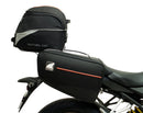 Image showcasing a Ventura EVO-12 Bike-Pack Kit containing three components: a black and gray EVO-12 pack with zipper, an Evo-Rack on a Honda CB 650R/CBR 650R (19-20) for stability, and L-brackets with screws, all in this generic image.