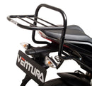 The image displays a Ventura EVO-12 Bike-Pack Kit, including the compact black EVO-12 bag with a zipper, an EVO-Rack, and an L-bracket with screws. The metallic rack integrates seamlessly with any Adjustable Pack-Rack system for easy mounting on the Aprilia Tuono V4 (11-20).