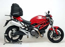 Ventura Ducati 696 Monster (08-15) EVO-12 Bike-Pack Kit includes a black EVO-12 pack, Adjustable Pack-Rack (EVO-RACK) on a motorcycle, and labeled L-Bracket set with bolts, all displayed separately on a white background.