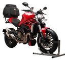 Ventura EVO-12 Bike-Pack Kit for Ducati 1200 Monster (14-15), includes a black EVO-12 pack, EVO-Rack as Top-Box Rack for motorcycle, and labeled L-Bracket with hardware, all shown on a white background.