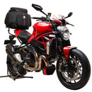 The Ventura EVO-12 Bike-Pack Kit for the Ducati 1200R Monster (2016) features a black triangular pack, an Evo-Rack platform for secure transport, and an L-bracket with screws for easy mounting.
