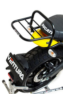 Image showing the Ventura EVO-12 Bike-Pack Kit for Ducati 800 Scrambler (2015), including an EVO-12 pack, Evo-Rack on a motorcycle, and an L-bracket with screws—all labeled as a generic image.